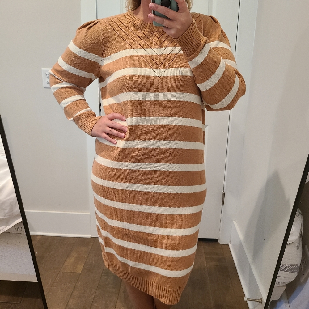 Lane Bryant Striped Tan And White Cotton Knit Sweater Dress